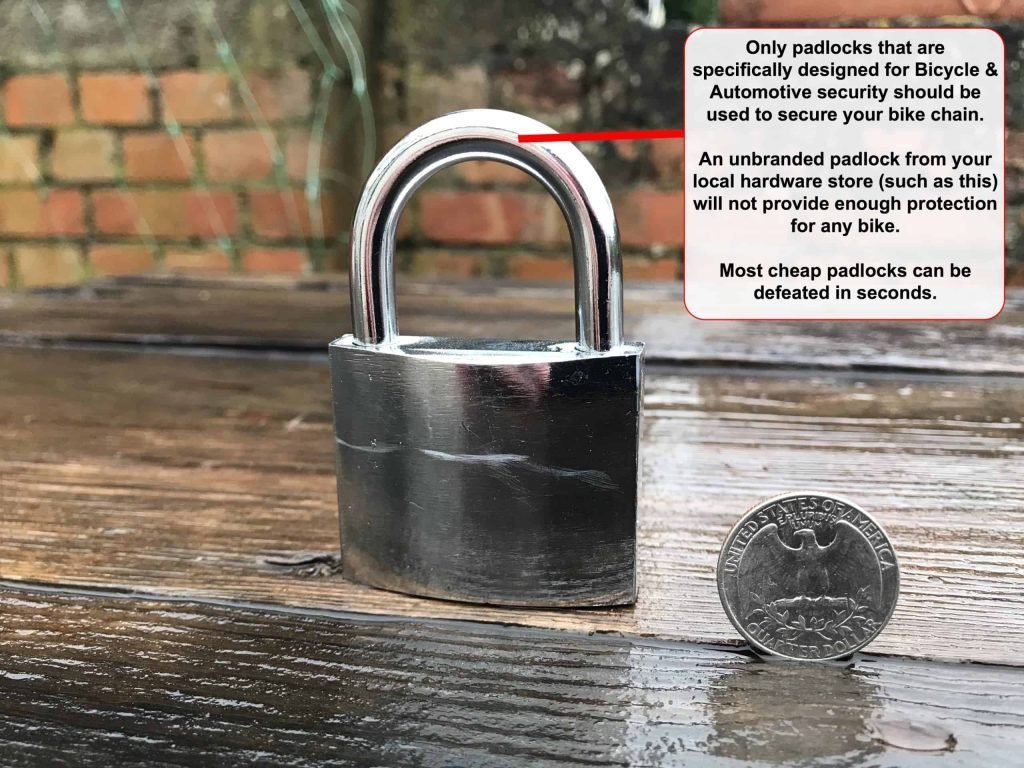 A diagram showing the vulnerabilities of a cheap padlock when used to lock a bike