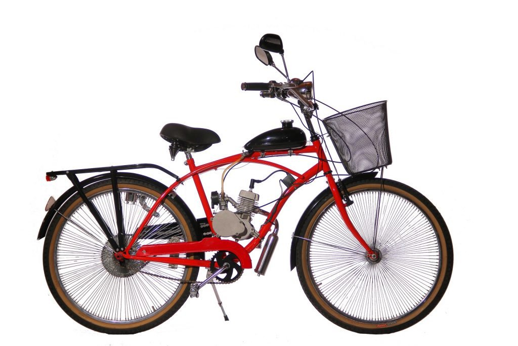 motorized town bike with basket and pannier