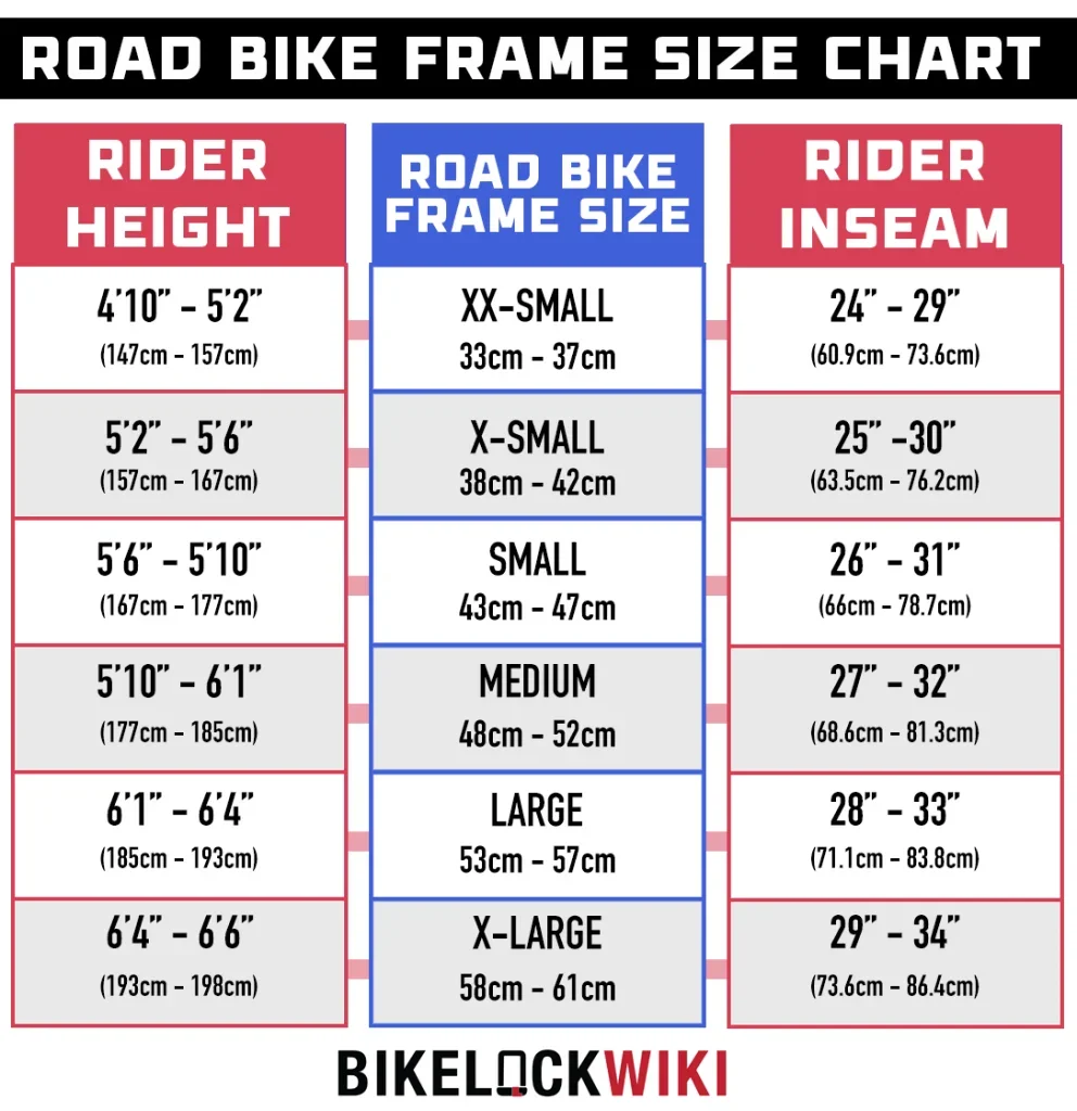 an easy to read Road Bike Size Chart calculated from rider inseam and rider height