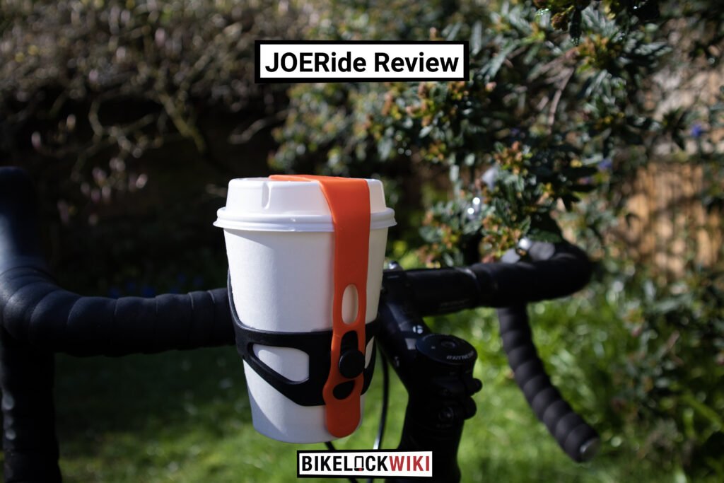 JOERide coffee cup holder attached to bicycle handlebars with cup