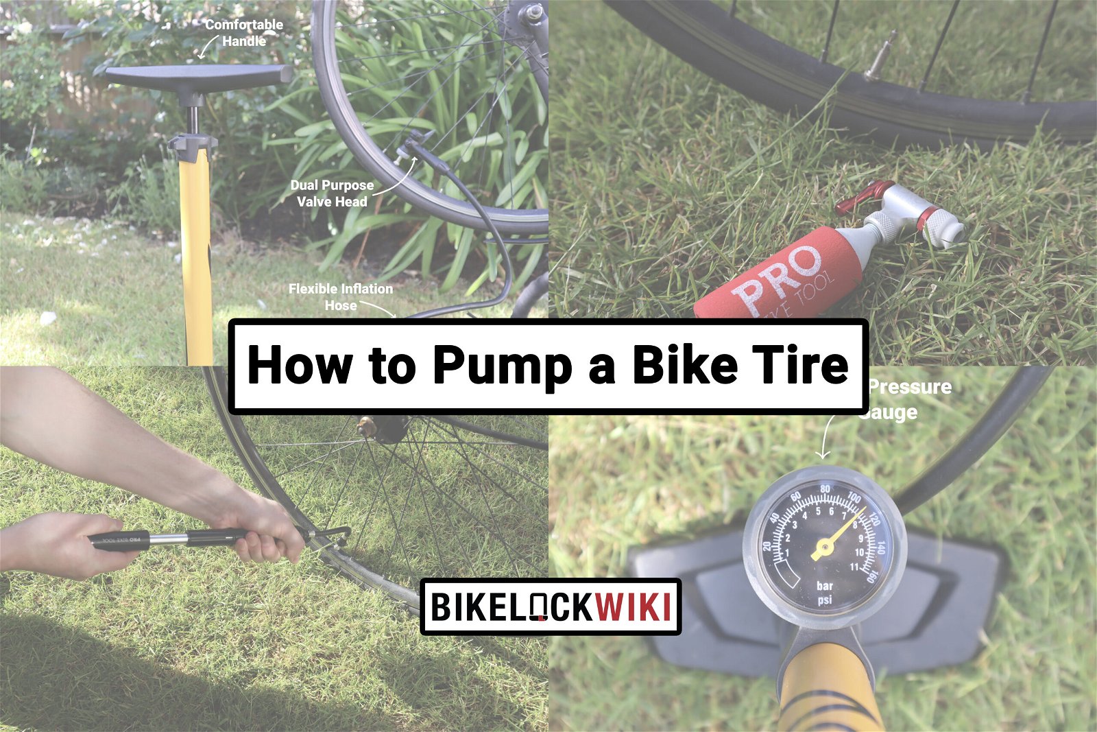 Multiple different bike pumps being used to inflate bike tires